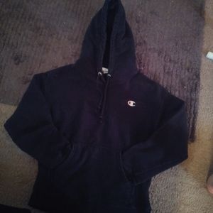 All black champion hoodie. Thicker with strings
